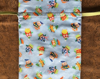 Reusable Christmas Gift Bag, Owl Gift Bag, Drawstring Bag, Mason Jar Bag, Holiday Gift Bag, Fabric Gift Bag-