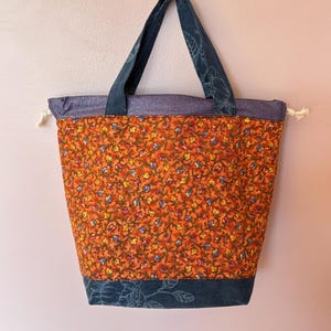 Fall Leaves Knitting Project Bag, WIP Bag, Drawstring Knitting Project Bag, Medium Yarn Tote, Crochet storage Gift Knitters, Harvest Bag