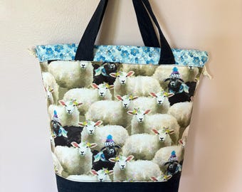 Sheep Knitting Project Bag, WIP Bag, Drawstring Bag, Knitting Project Bag, Medium, Yarn Tote, Crochet storage, Gift Knitters, Wool, Lamb