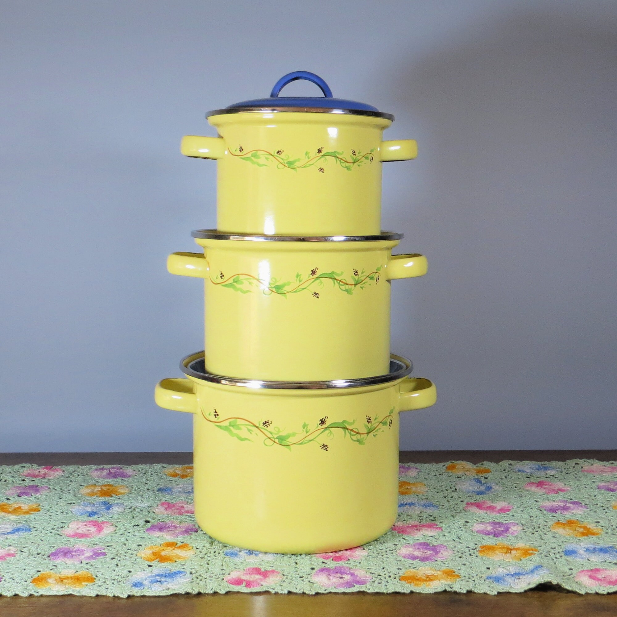 Vintage Yellow Enamel Cookware Set Set of 3 Enamel Stock Etsy