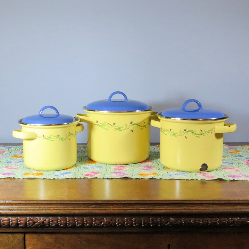 Vintage Yellow Enamel Cookware Set Set of 3 Enamel Stock Etsy