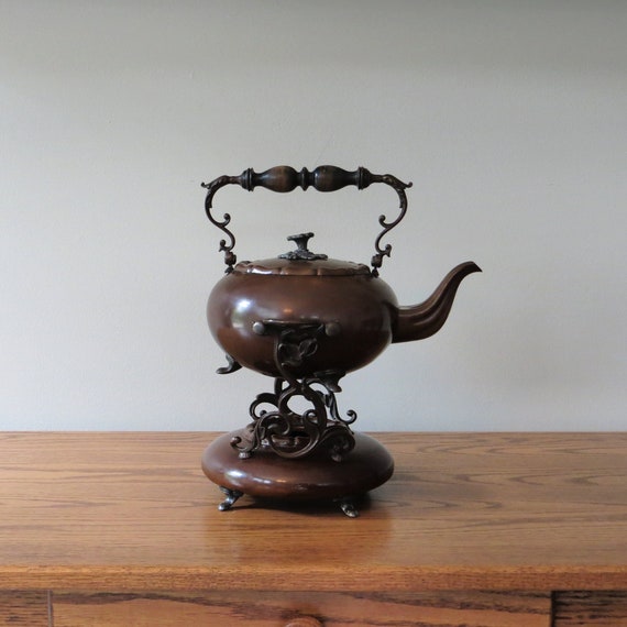 Copper Brass Teapot Warmer Stand Set Shiny Brown Footed Tea Etsy