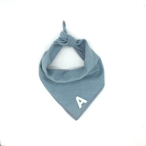 May include: A light blue dog bandana with a white letter "A" on the corner. The bandana is tied at the top and has red stitching along the edges. This pet accessory is designed to be worn around the neck.