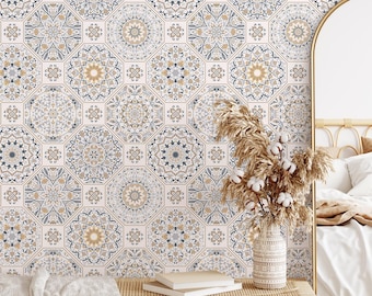 Moroccan Geometric Blue Gold Wallpaper - B872