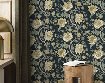 Green Vintage Floral Wallpaper / Peel and Stick Wallpaper Removable Wallpaper Home Decor Wall Art Wall Decor Room Decor - D128