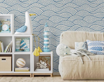 Verwisselbaar behang Scandinavisch behang Blauwe golven behang Peel-and-Stick-behang behang - E001