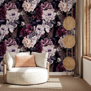 Removable Wallpaper Scandinavian Wallpaper Temporary Wallpaper Dark Floral Wallpaper Peel and Stick Wallpaper Wall Paper - A850