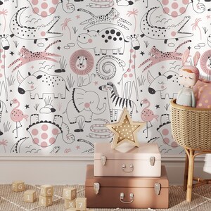 Removable Wallpaper, Scandinavian Wallpaper, Minimalistic Wallpaper, Peel and Stick Wallpaper, Wall Paper, Cute Safari - B544