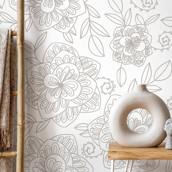 Neutral Boho Floral Wallpaper / Peel and Stick Wallpaper Removable Wallpaper Home Decor Wall Art Wall Decor Room Decor - C963