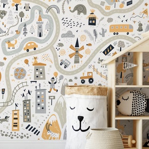 Nursery Town Map Wallpaper / Peel and Stick Wallpaper Removable Wallpaper Home Decor Wall Art Wall Decor Room Decor - D505