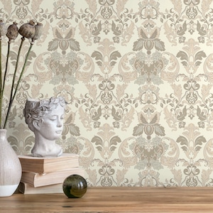 Cream Victorian Damask Wallpaper / Peel and Stick Wallpaper Removable Wallpaper Home Decor Wall Art Wall Decor Room Decor - D093