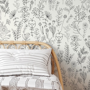 Neutral Boho Wildflowers Wallpaper / Peel and Stick Wallpaper Removable Wallpaper Home Decor Wall Art Wall Decor Room Decor - D234