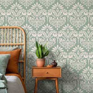Mint Vintage Damask Wallpaper / Peel and Stick Wallpaper Removable Wallpaper Home Decor Wall Art Wall Decor Room Decor - D251
