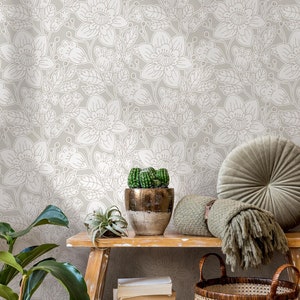 Neutral Boho Garden Wallpaper / Peel and Stick Wallpaper Removable Wallpaper Home Decor Wall Art Wall Decor Room Decor - C979