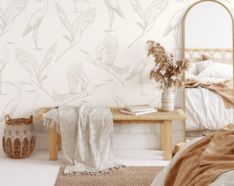 Neutral Boho Crane Birds Wallpaper / Peel and Stick Wallpaper Removable Wallpaper Home Decor Wall Art Wall Decor Room Decor - D103