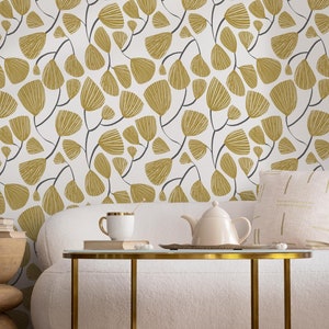 Yellow Floral Wallpaper / Peel and Stick Wallpaper Removable Wallpaper Home Decor Wall Art Wall Decor Room Decor - C631