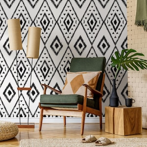 Black and White Tribal Wallpaper / Peel and Stick Wallpaper Removable Wallpaper Home Decor Wall Art Wall Decor Room Decor - C848