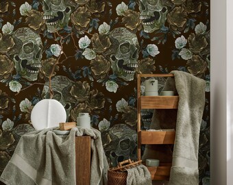 Gothic Garden Wallpaper Skulls and Roses Wallpaper Peel and Stick and Traditional Wallpaper - D908