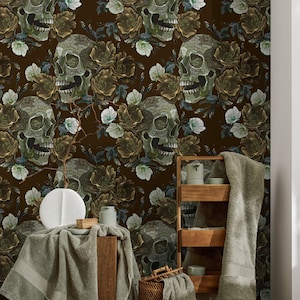 Gothic Garden Wallpaper Skulls and Roses Wallpaper Peel and Stick and Traditional Wallpaper - D908
