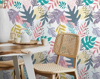 Botanische Tapete in Petrol, Pink, und Gelb auf Creme - Schälen und aufkleben - B004