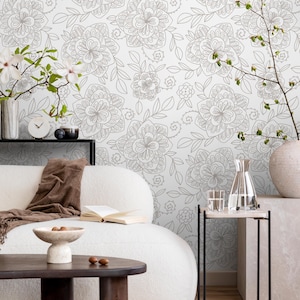Neutral Boho Floral Wallpaper / Peel and Stick Wallpaper Removable Wallpaper Home Decor Wall Art Wall Decor Room Decor - C963