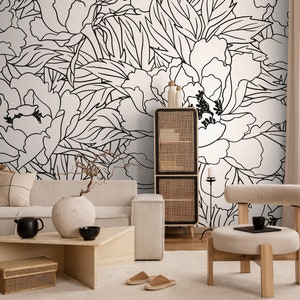 Black and White Large Floral Wallpaper / Peel and Stick Wallpaper Removable Wallpaper Home Decor Wall Art Wall Decor Room Decor - C919