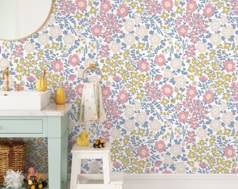 Floral Tapete in Rosa, Gelb, und Blau auf Weiss - Schälen und Aufkleben - D002
