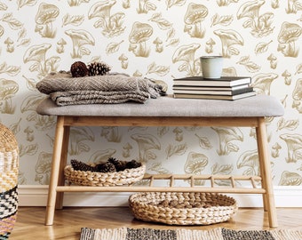Beige Mushroom Wallpaper Hand drawing Wallpaper Peel and Stick and Traditional Wallpaper - D820