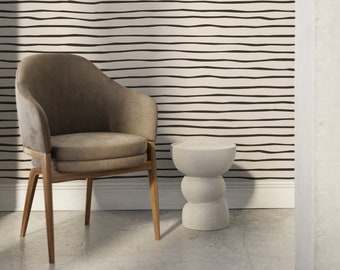 Black and Beige Striped Wallpaper Modern Waves Wallpaper Peel and Stick and Traditional Wallpaper - D777