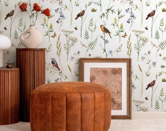 Botanical Wallpaper in Green, Blue, and Orange on White - Peel and Stick - D993