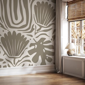 Beige Floral Abstract Wallpaper Large Modern Mural Peel and Stick and Traditional Wallpaper - D663