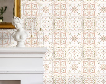Tegelbehang in koraal, groen en beige op crème - Peel and Stick - D945