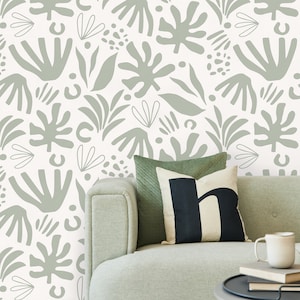 Light Green Abstract Leaf Wallpaper Boho Wallpaper Peel and Stick and Traditional Wallpaper - D681