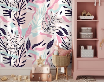 Pastel Color Leaves Removable Wallpaper Scandinavian Wallpaper Temporary Wallpaper Contemporary Wallpaper Peel and Stick Wallpaper - B188