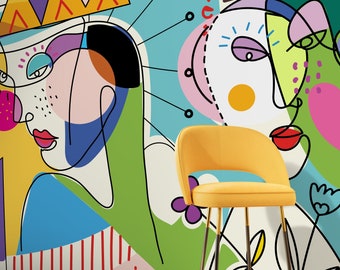 Colorful Abstract Mural Line Art Wallpaper Peel and Stick Wallpaper Home Decor - D604