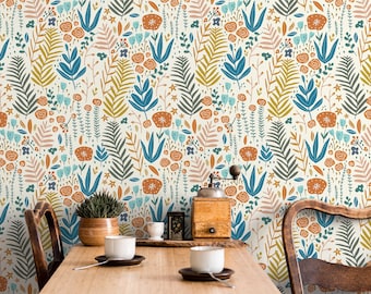 Scandinavian Wildflowers Wallpaper / Peel and Stick Wallpaper Removable Wallpaper Home Decor Wall Art Wall Decor Room Decor - D115