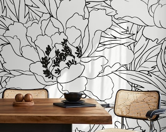 Black and White Large Floral Wallpaper / Peel and Stick Wallpaper Removable Wallpaper Home Decor Wall Art Wall Decor Room Decor - C919