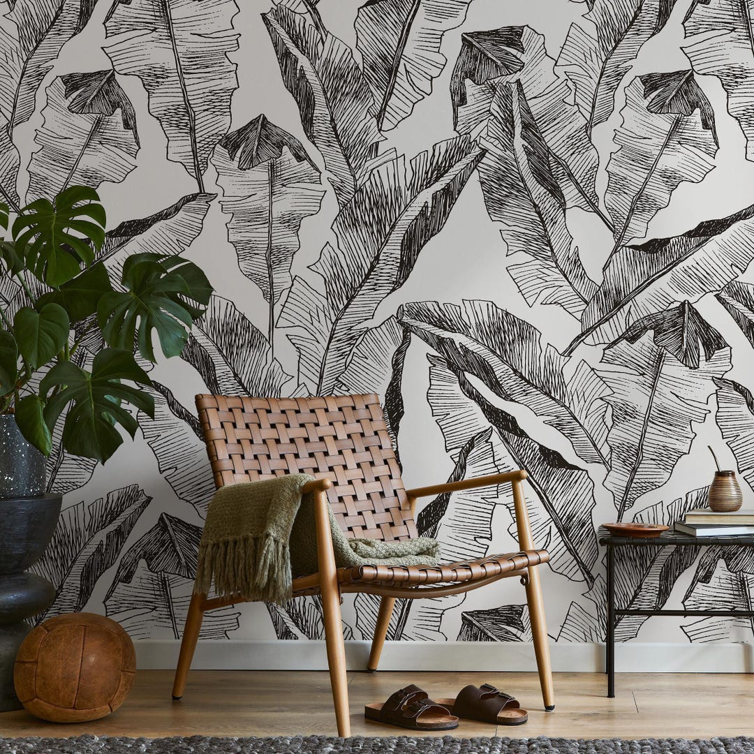 Tropical Peel and Stick Wallpaper - Modern Black and White Banana Leaf ...