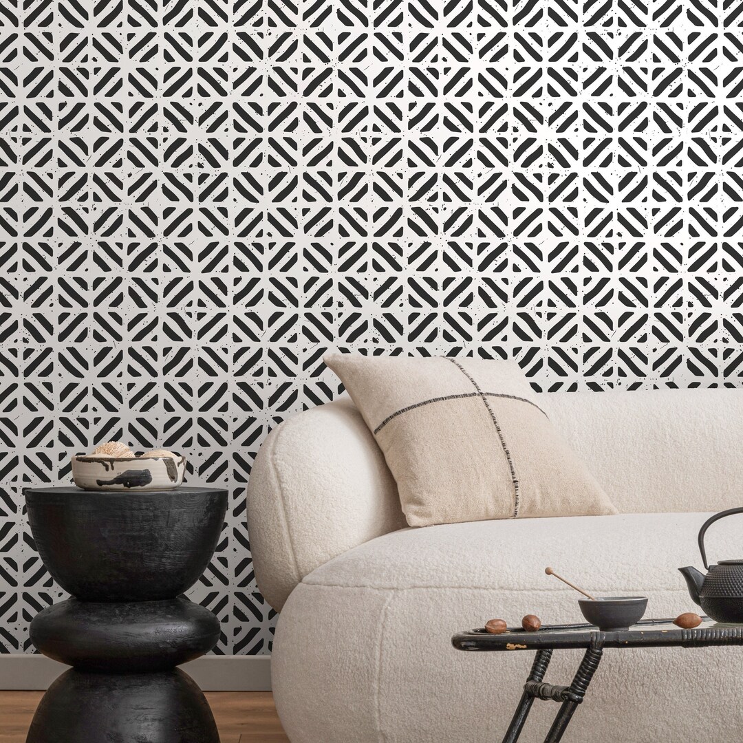 Geometric Wallpaper in Black and White on White - Peel and Stick - A605 ...