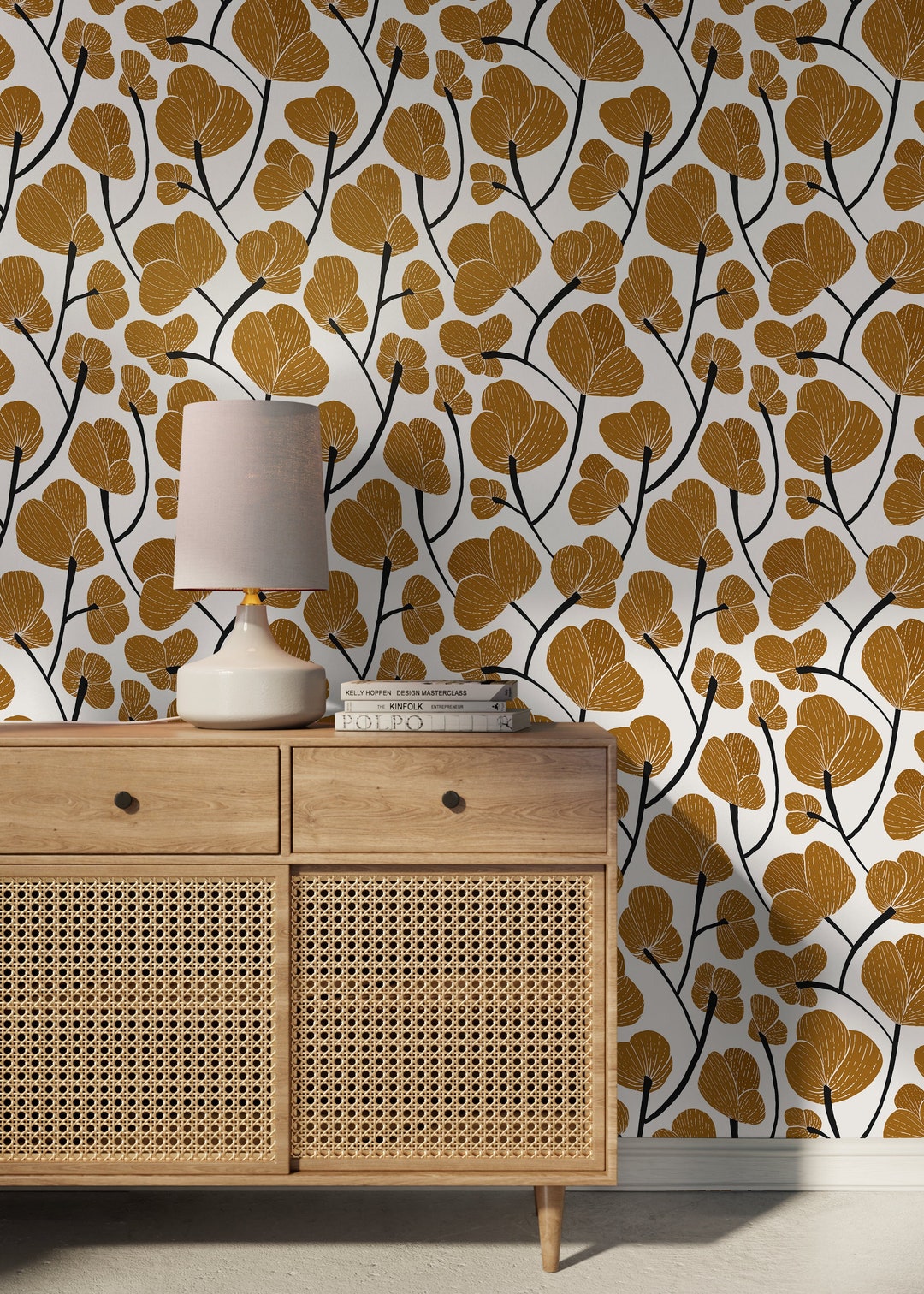 Mustard Yellow Floral Wallpaper / Peel and Stick Wallpaper Removable