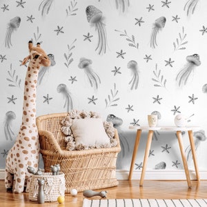Wallpaper Peel and Stick Wallpaper Removable Wallpaper Home Decor Wall Art Wall Decor Room Decor / Jellyfish Gray Nursery Wallpaper - X119