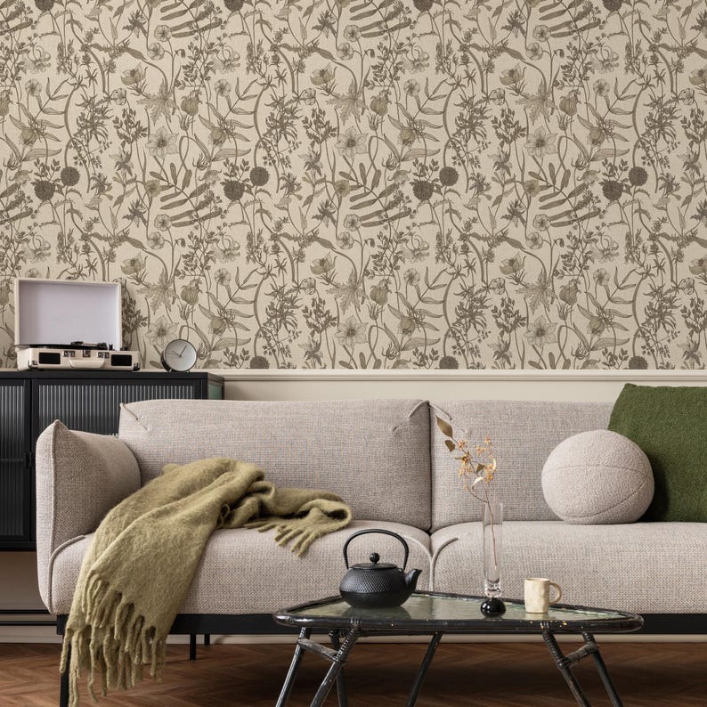 Botanical Wallpaper Featuring a Vintage Wildflower Meadow in Brown and ...