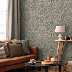 Damask Wallpaper with an Intricate Paisley Motif in Teal, Sage Green, and Beige - E525 image 2