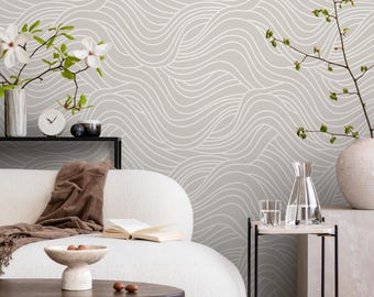 Gray and Beige Coastal Sea Waves Design Wallpaper on Cream - Peel and Stick - E039
