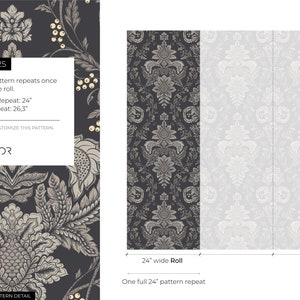 May include: A black and white damask wallpaper pattern with a floral design. The pattern repeats once in a 24-inch wide roll. The horizontal repeat is 24 inches and the vertical repeat is 26.3 inches. The text "SKU D225" is in the top left corner. The text "YOU CAN CUSTOMIZE THIS PATTERN CONTACT US! ONDECOR" is in the bottom left corner. The text "PATTERN DETAIL" is in the bottom center. The text "24" wide Roll" is in the bottom center. The text "One full 24" pattern repeat" is in the bottom center.
