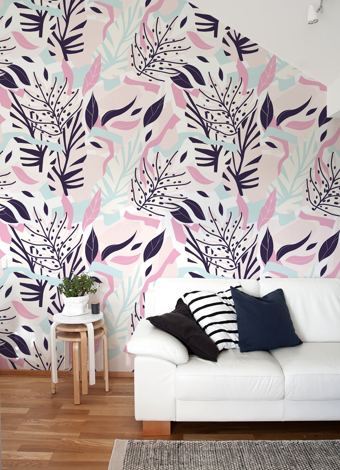 Pastel Color Leaves Removable Wallpaper Scandinavian Wallpaper | Etsy