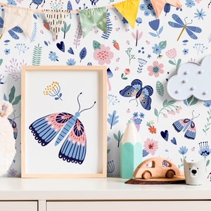 Removable Wallpaper, Scandinavian Wallpaper, Temporary Wallpaper, Peel and Stick Wallpaper, Wall Paper, Butterfly and Flowers - B530