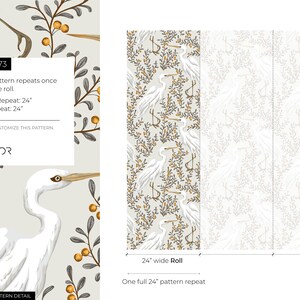 May include: A white egret bird wallpaper pattern with grey branches and yellow berries on a light grey background. The pattern repeats once in a 24-inch wide roll. SKU D073. Horizontal Repeat: 24 inches. Vertical Repeat: 24 inches.