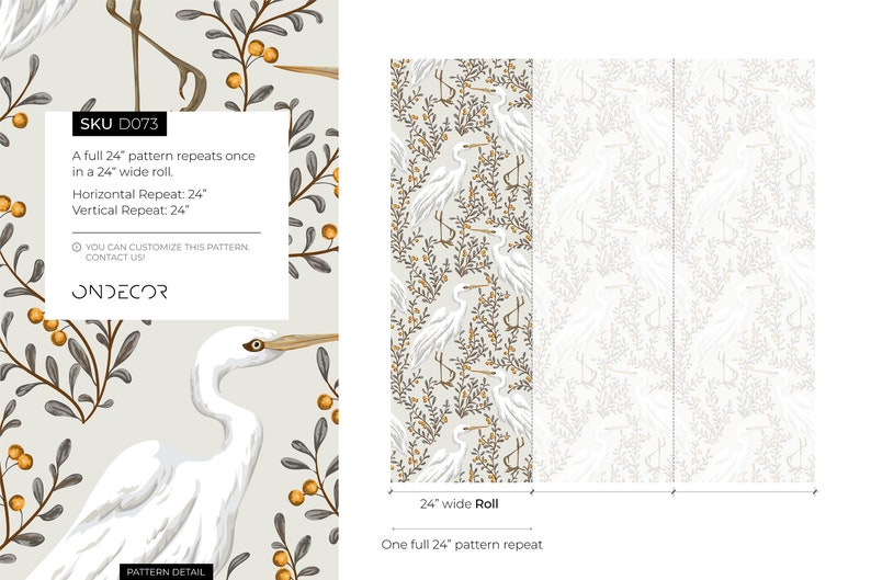 May include: A white egret bird wallpaper pattern with grey branches and yellow berries on a light grey background. The pattern repeats once in a 24-inch wide roll. SKU D073. Horizontal Repeat: 24 inches. Vertical Repeat: 24 inches.