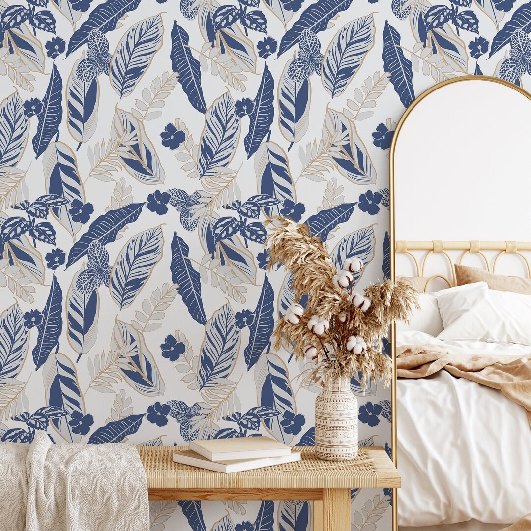 Botanical Wallpaper in Blue, Beige, and Gray on Beige - Peel and Stick